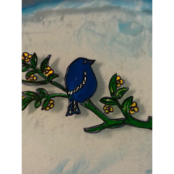 Handcrafted and Hand Painted Resin Blue Birds on an Oval Tray Cloudy Sky - Picture 3 of 7